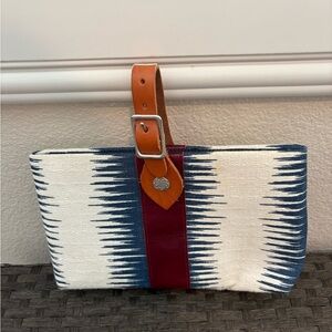 Elegant Blue and White Clutch with Tan Accents